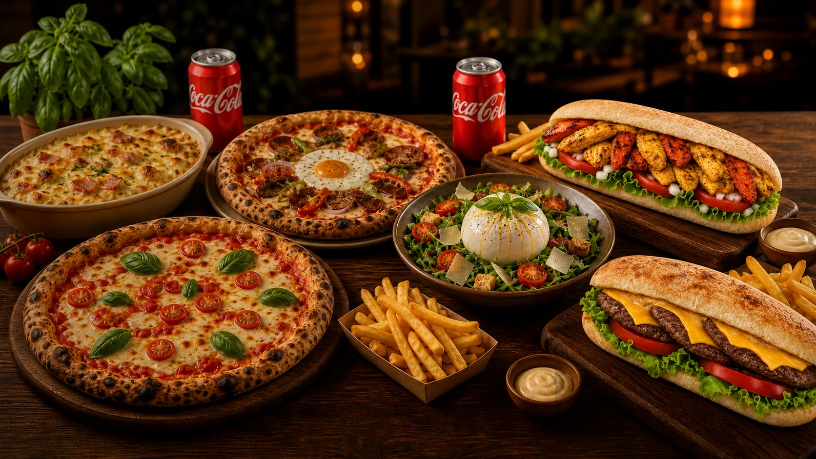 Repas italien LE 55 avec pizza, pâtes, salade, sandwich et dessert